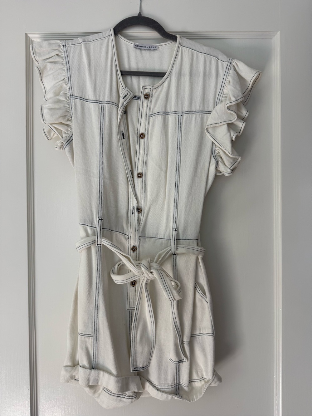 Kendall Lane Cream Button-Front Ruffle Sleeve Romper